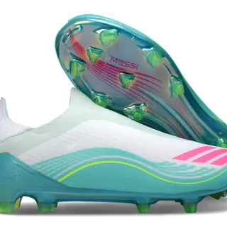 Adidas Chaussures de Football Blanc Bleu Collet de Chaussette Plaque de Semelle Translucide Terrain Ferme