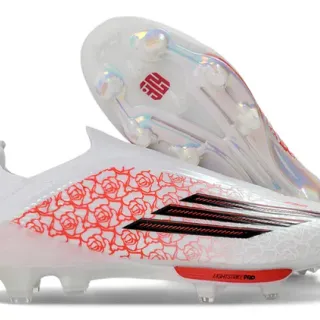 Adidas Chaussures de football blanches et rouges à coupe basse avec upper à enfiler translucide plaque de semelle iridescente pour terrain ferme