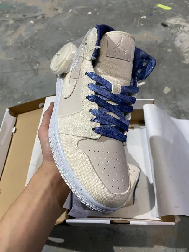 Air Jordan 1 बेज नेवी हाई-टॉप कैनवास और लेदर अपर बास्केटबॉल जूते 2
