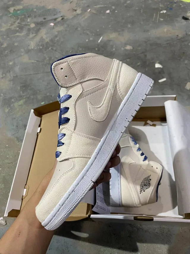 Air Jordan 1 बेज नेवी हाई-टॉप कैनवास और लेदर अपर बास्केटबॉल जूते 4