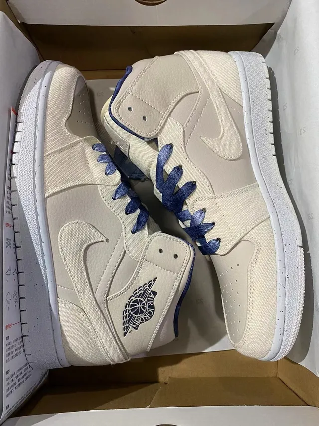 Air Jordan 1 बेज नेवी हाई-टॉप कैनवास और लेदर अपर बास्केटबॉल जूते 7