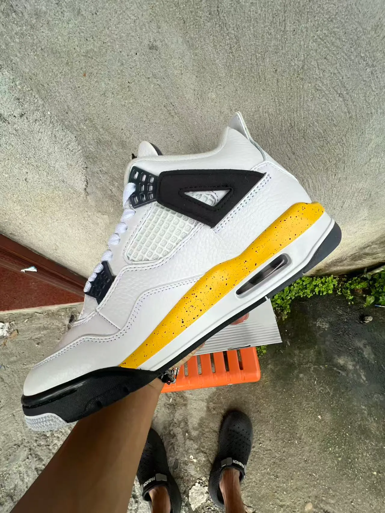 Air Jordan 4 zapatillas de baloncesto blanco negro amarillo moteado 5