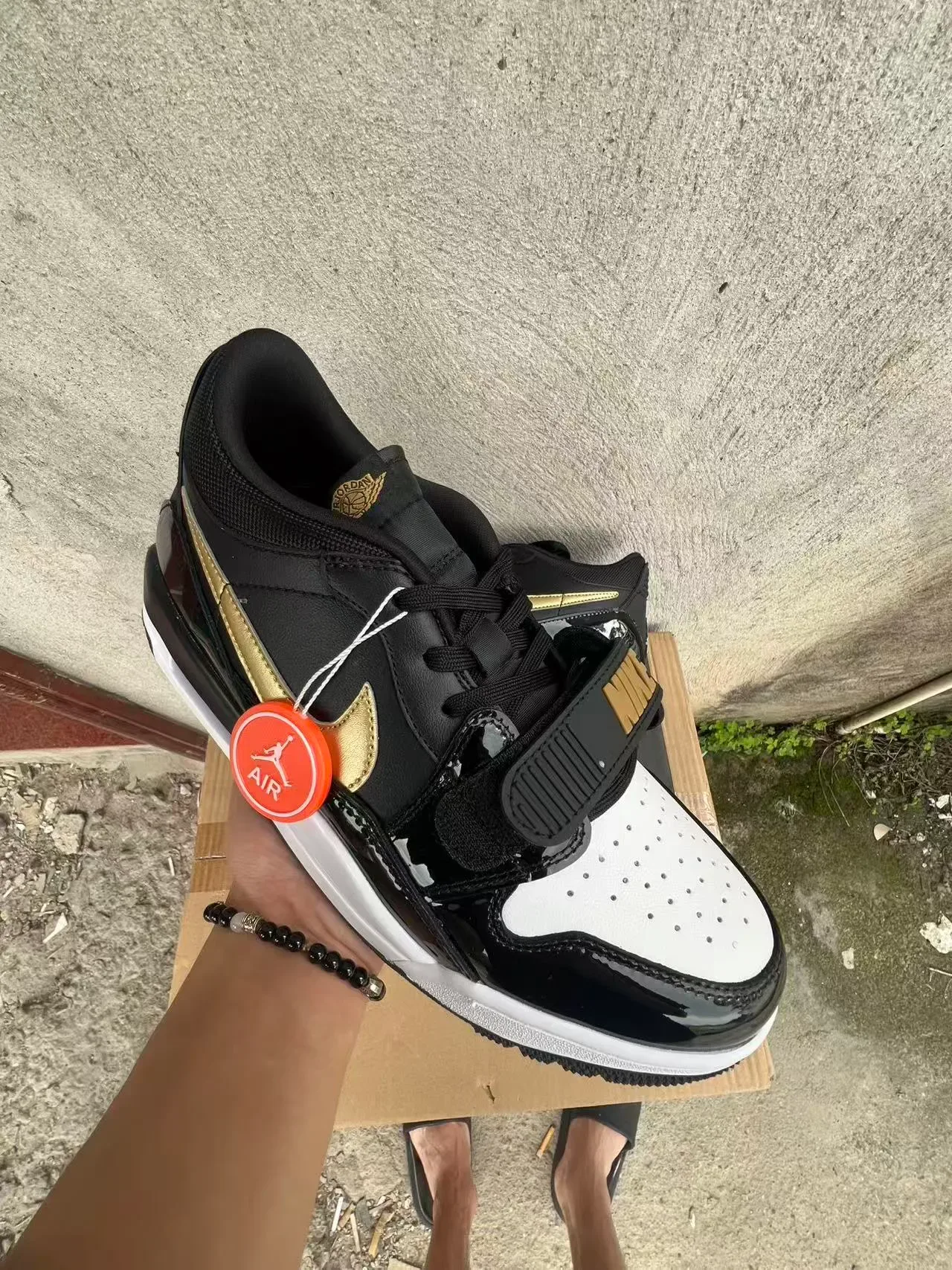 Air Jordan Black Gold Patent Leather Swoosh Overlay Sneakers 2