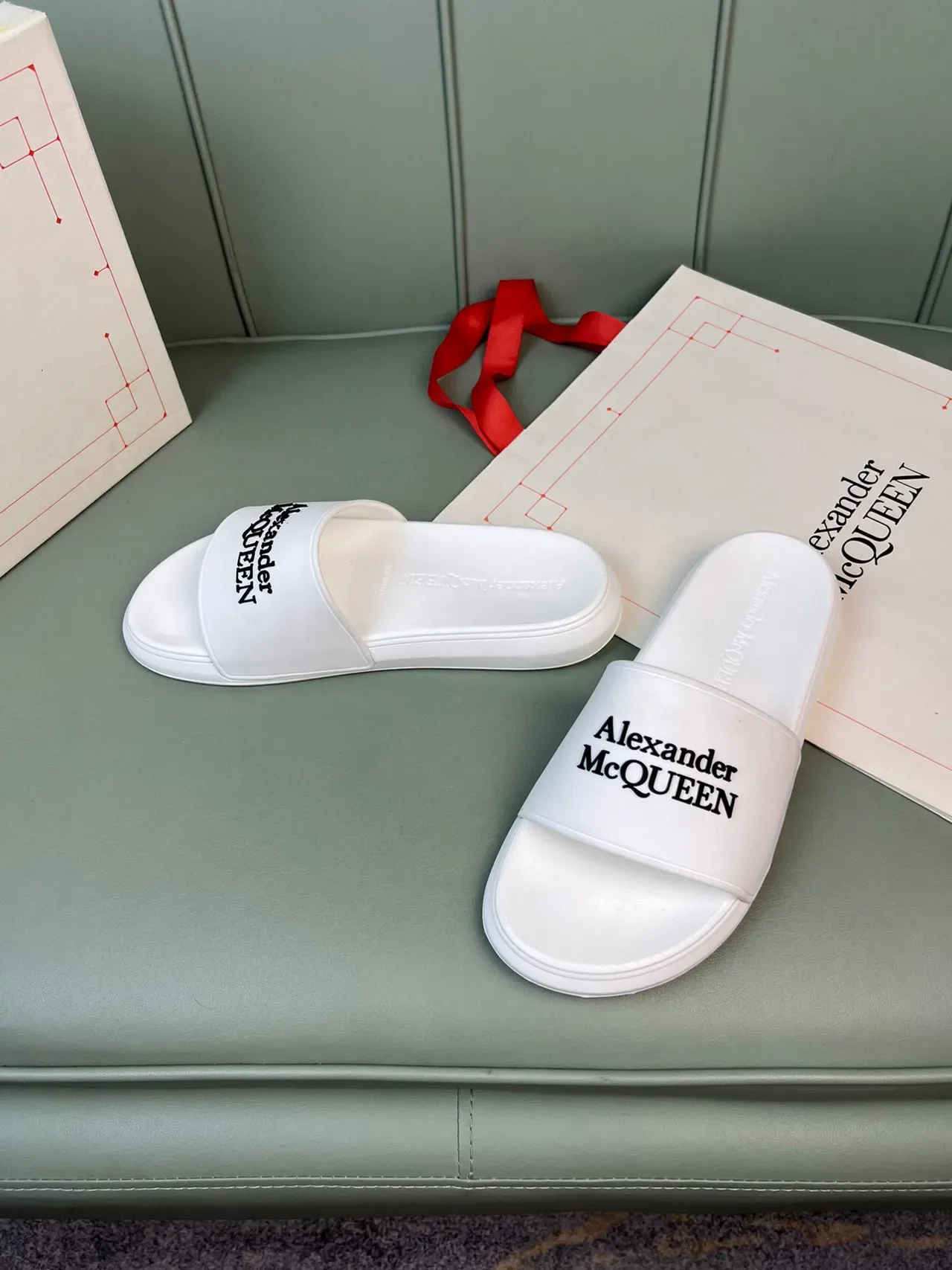 Alexander McQueen Logo Strap Slide White Black Molded Rubber Sole Slippers 8