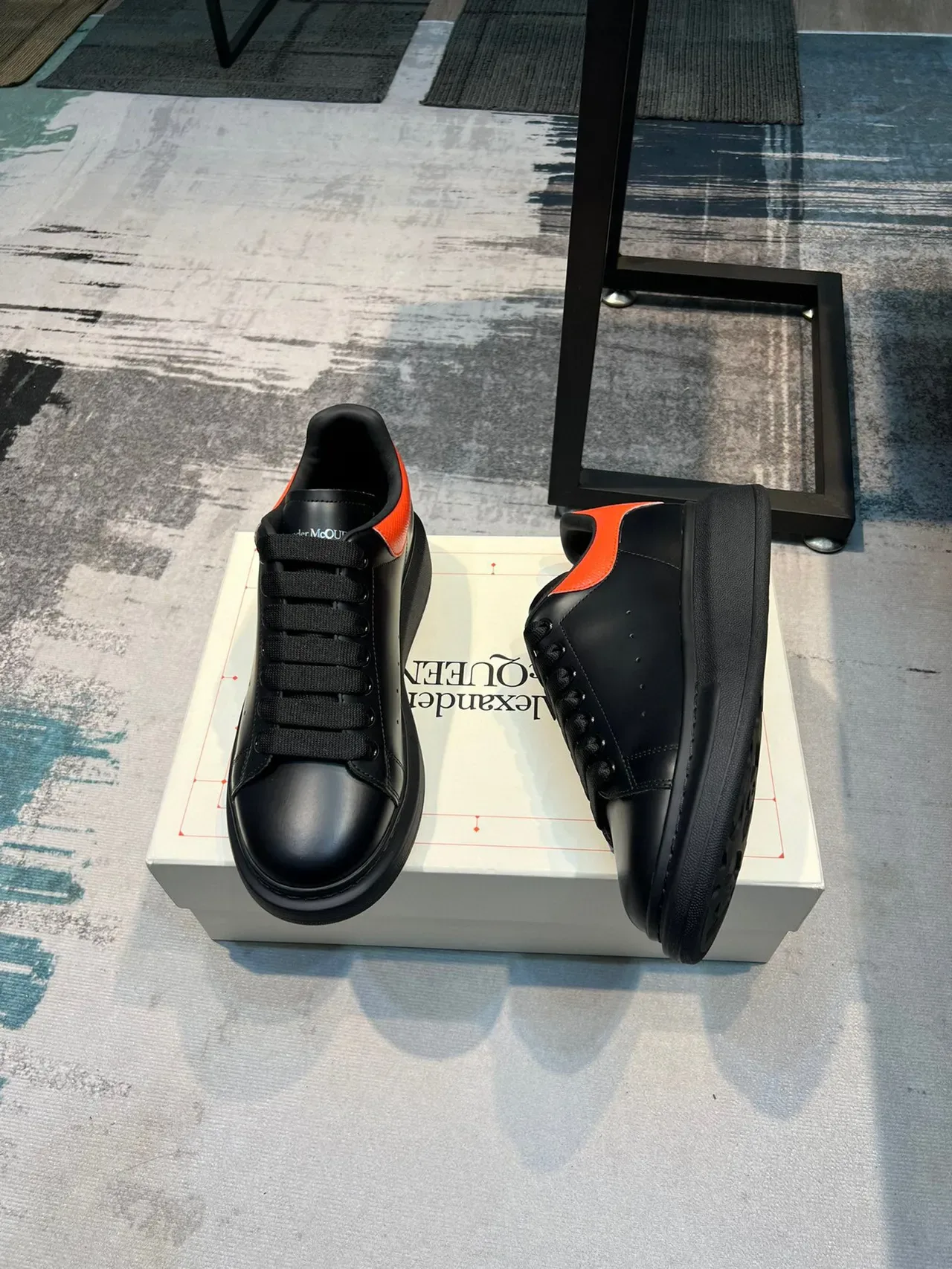 Alexander McQueen Oversized Sneaker Black Orange Platform Sole Smooth Leather Upper Lifestyle Sneakers 4