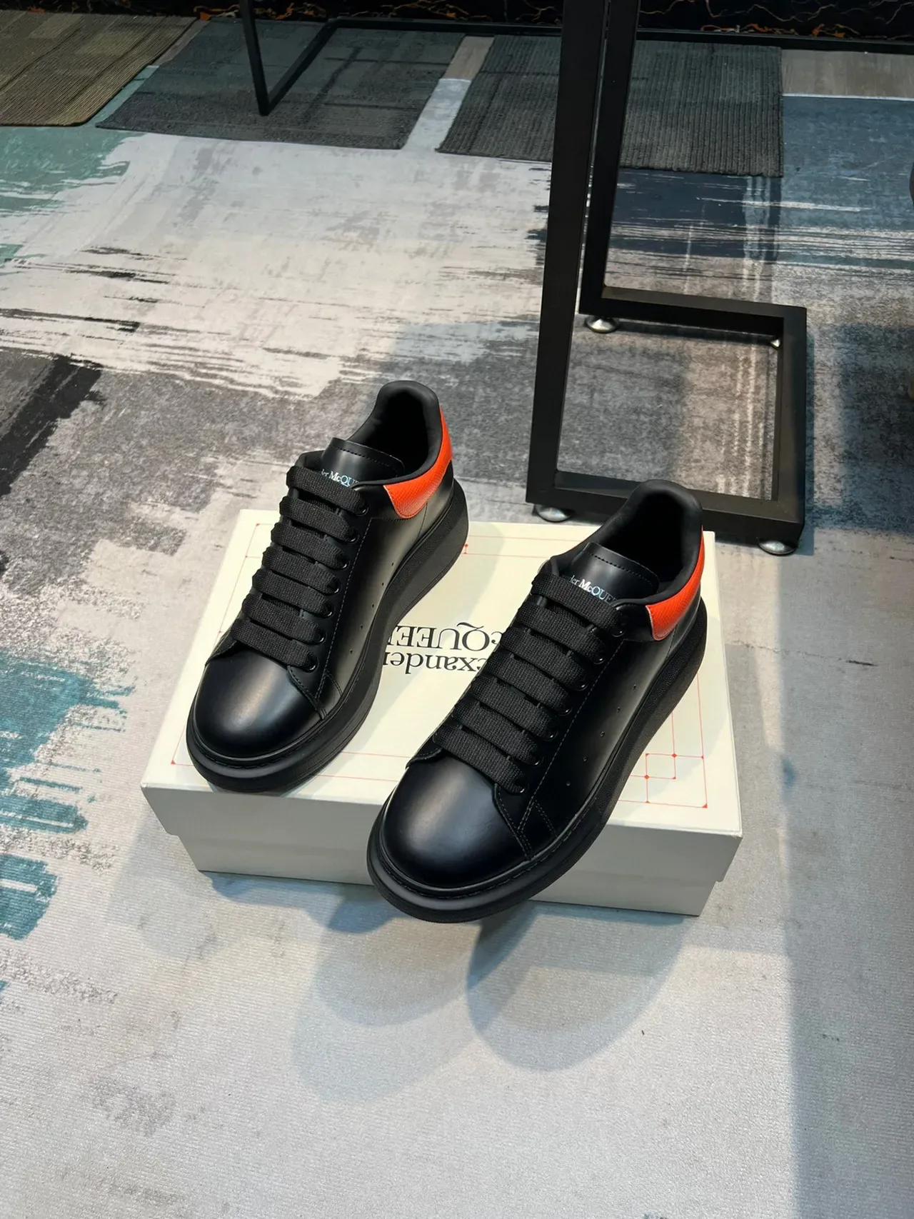 Alexander McQueen Oversized Sneaker Black Orange Platform Sole Smooth Leather Upper Lifestyle Sneakers 5