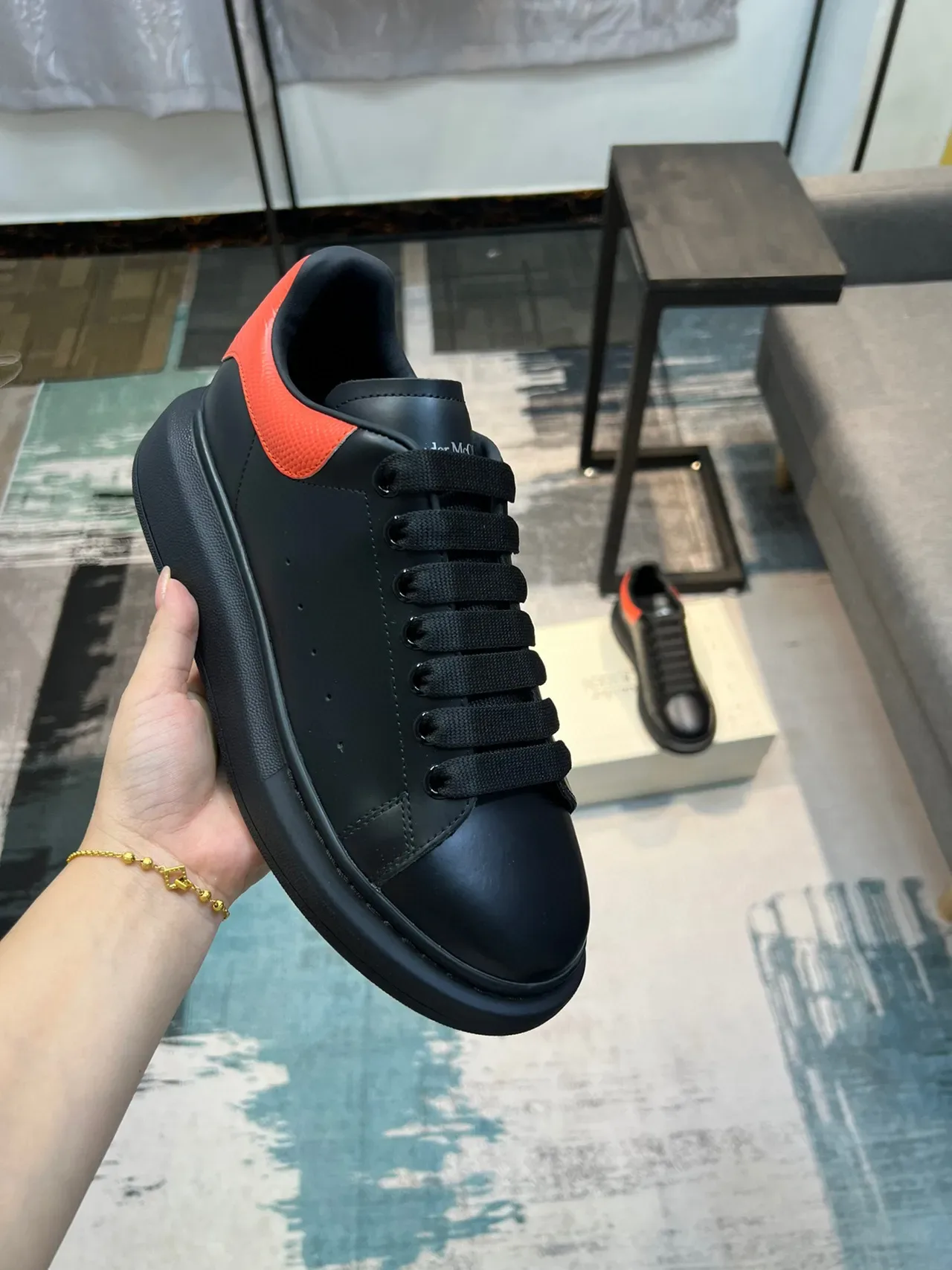 Alexander McQueen Oversized Sneaker Black Orange Platform Sole Smooth Leather Upper Lifestyle Sneakers 6