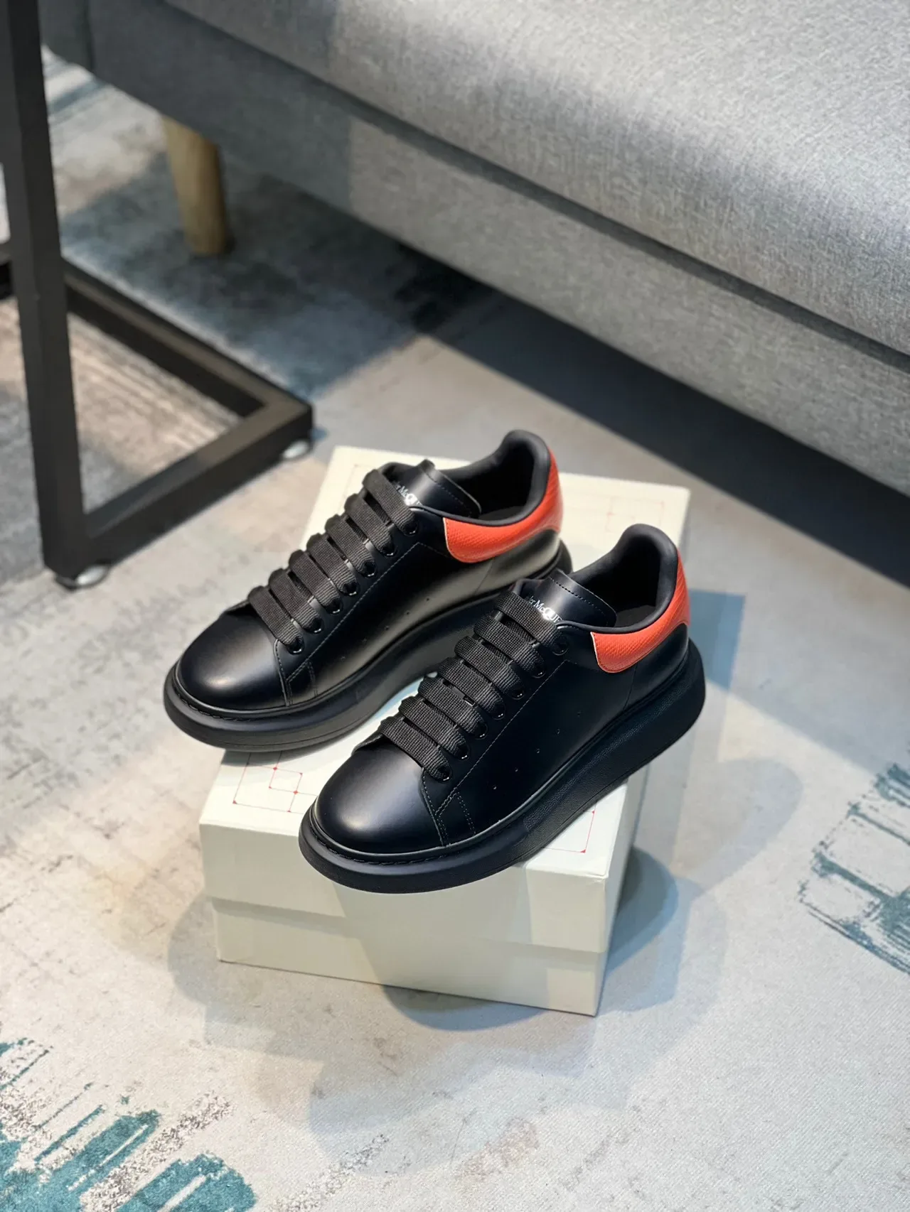 Alexander McQueen Oversized Sneaker Black Orange Platform Sole Smooth Leather Upper Lifestyle Sneakers 7