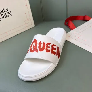 Alexander McQueen White Red Molded Rubber Construction Wide Graphic Strap Slippers