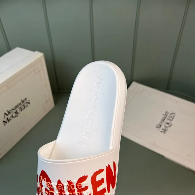 Alexander McQueen White Red Molded Rubber Construction Wide Graphic Strap Slippers 3