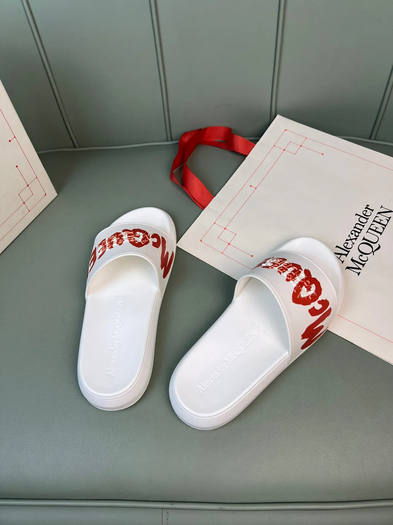 Alexander McQueen White Red Molded Rubber Construction Wide Graphic Strap Slippers 6