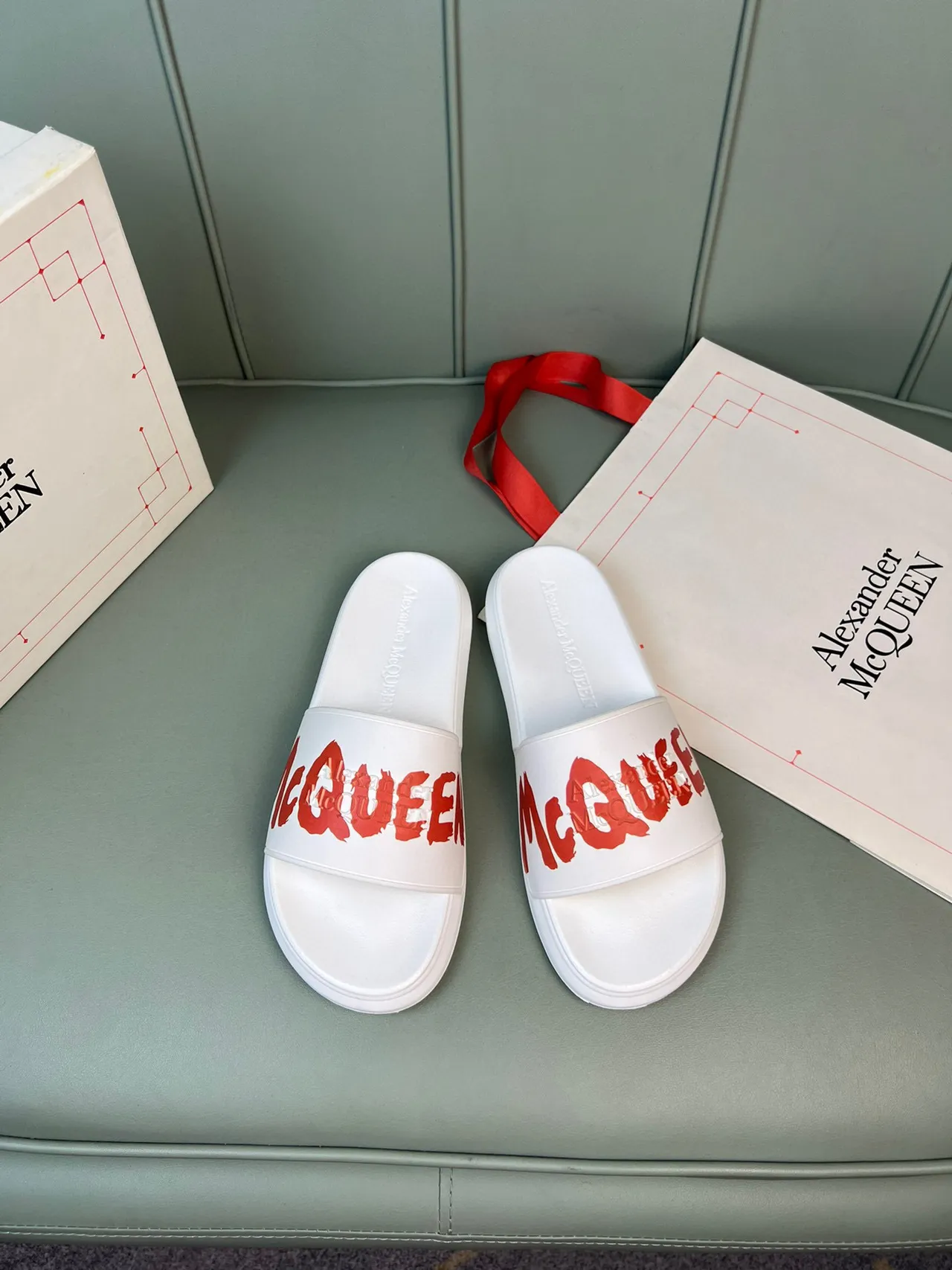 Alexander McQueen White Red Molded Rubber Construction Wide Graphic Strap Slippers 9