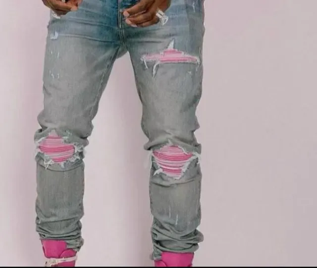 Amiri Jean Bleu Lavage Clair avec Patchwork Distressed 2