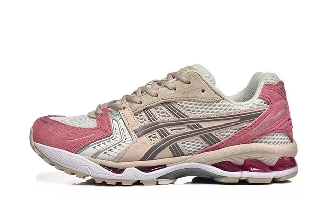 ASICS বেইজ গোলাপি জাল এবং সিন্থেটিক ওভারলে নির্মাণ অসমমিত লেসিং সিস্টেম লাইফস্টাইল স্নিকার্স 3