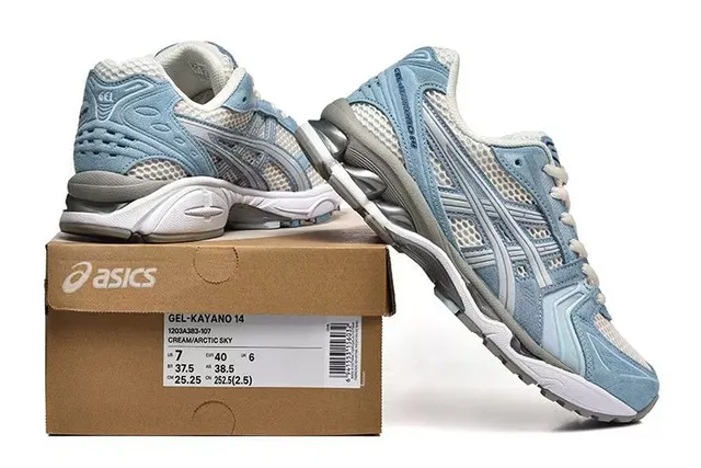 ASICS Zapatillas de running azul blanco malla ligera y ante superior visible pods de amortiguación GEL 6