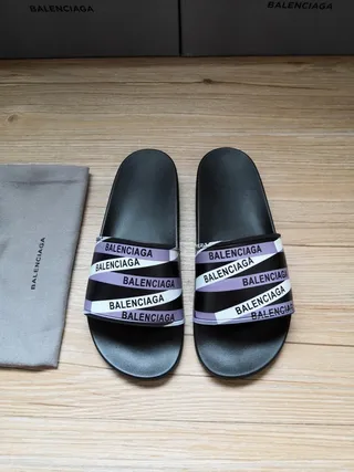 Balenciaga কালো বেগুনি মাল্টি-ব্যান্ড স্ট্র্যাপ রিপিটিং লোগো প্রিন্ট স্লিপার 5