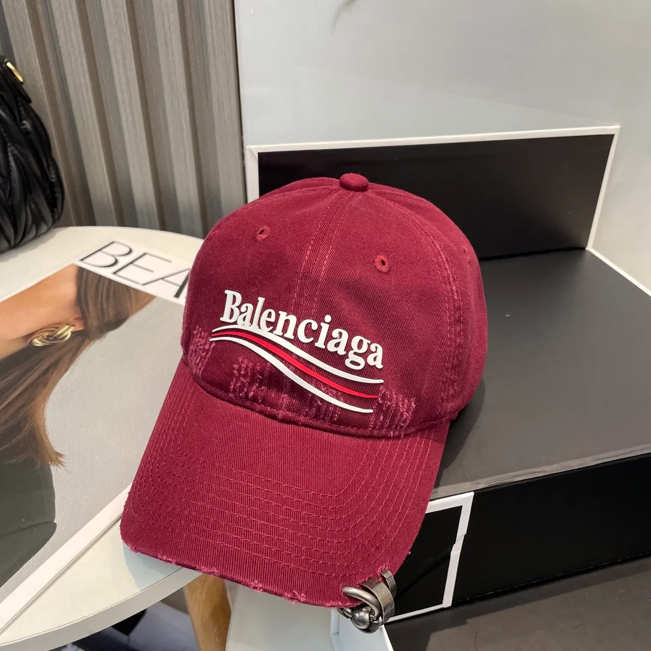 Balenciaga কালো সাদা distressed কর্ডুরয় সিলাই লোগো বেসবল ক্যাপ 3