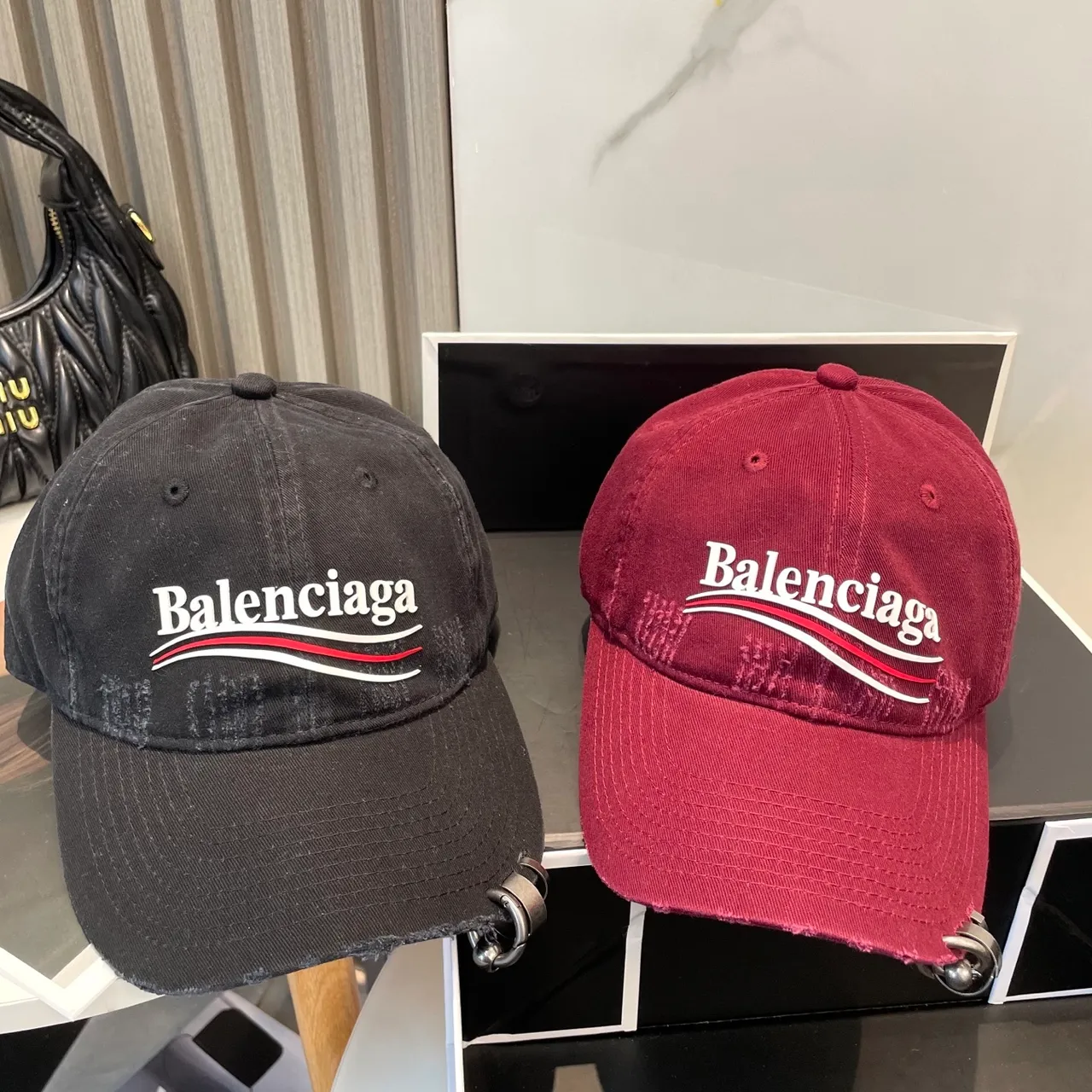 Balenciaga কালো সাদা distressed কর্ডুরয় সিলাই লোগো বেসবল ক্যাপ 6