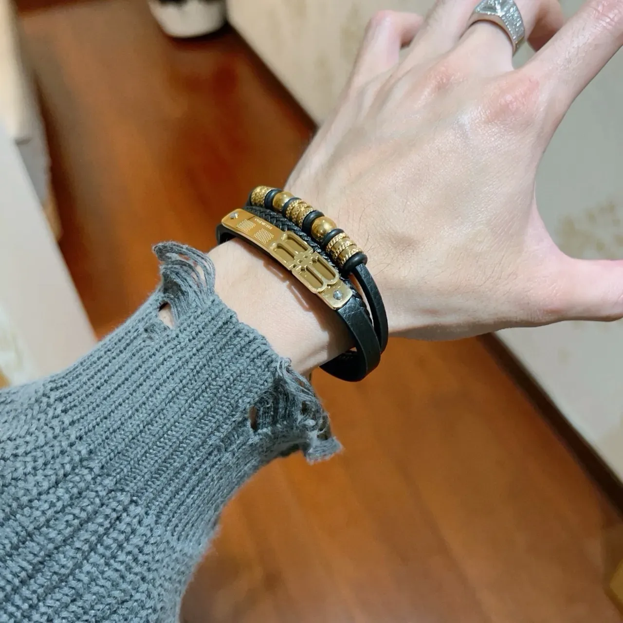 Balenciaga Logo Bracelet Black and Gold Leather Bracelets 2
