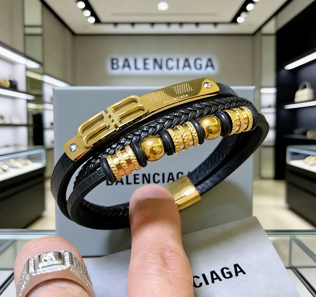 Balenciaga Logo Bracelet Black and Gold Leather Bracelets 3