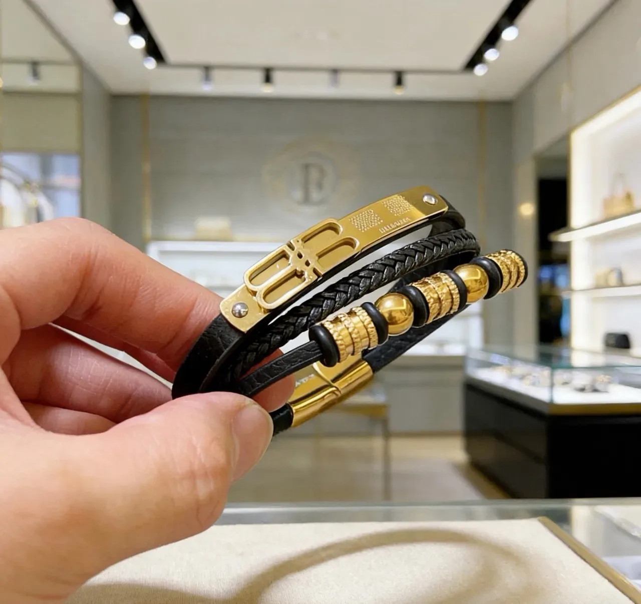 Balenciaga Logo Bracelet Black and Gold Leather Bracelets 4