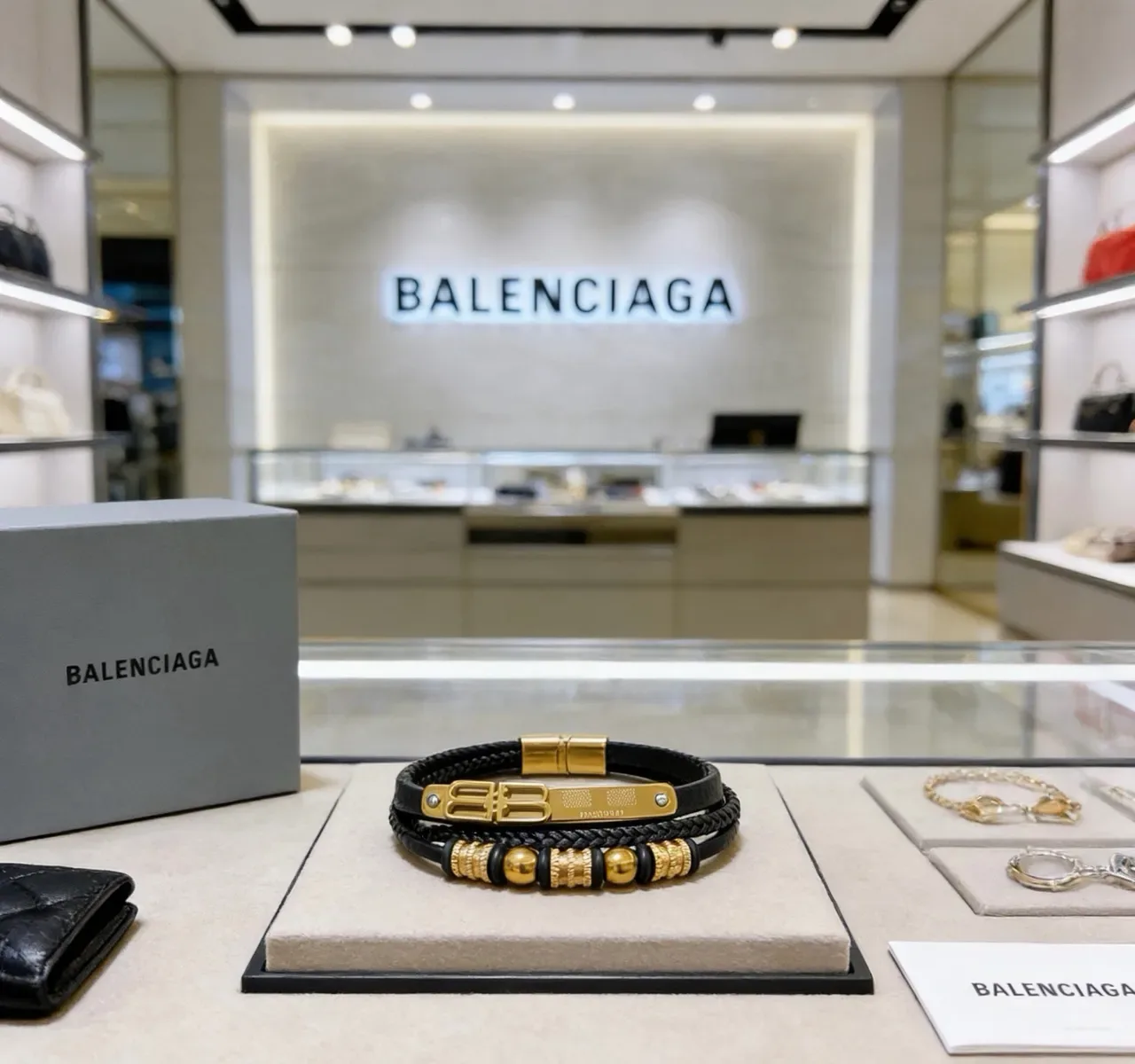 Balenciaga Logo Bracelet Black and Gold Leather Bracelets 6