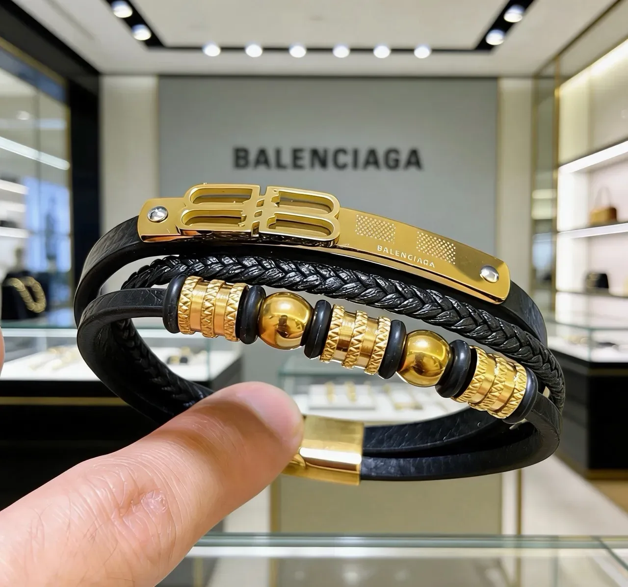 Balenciaga Logo Bracelet Black and Gold Leather Bracelets 7
