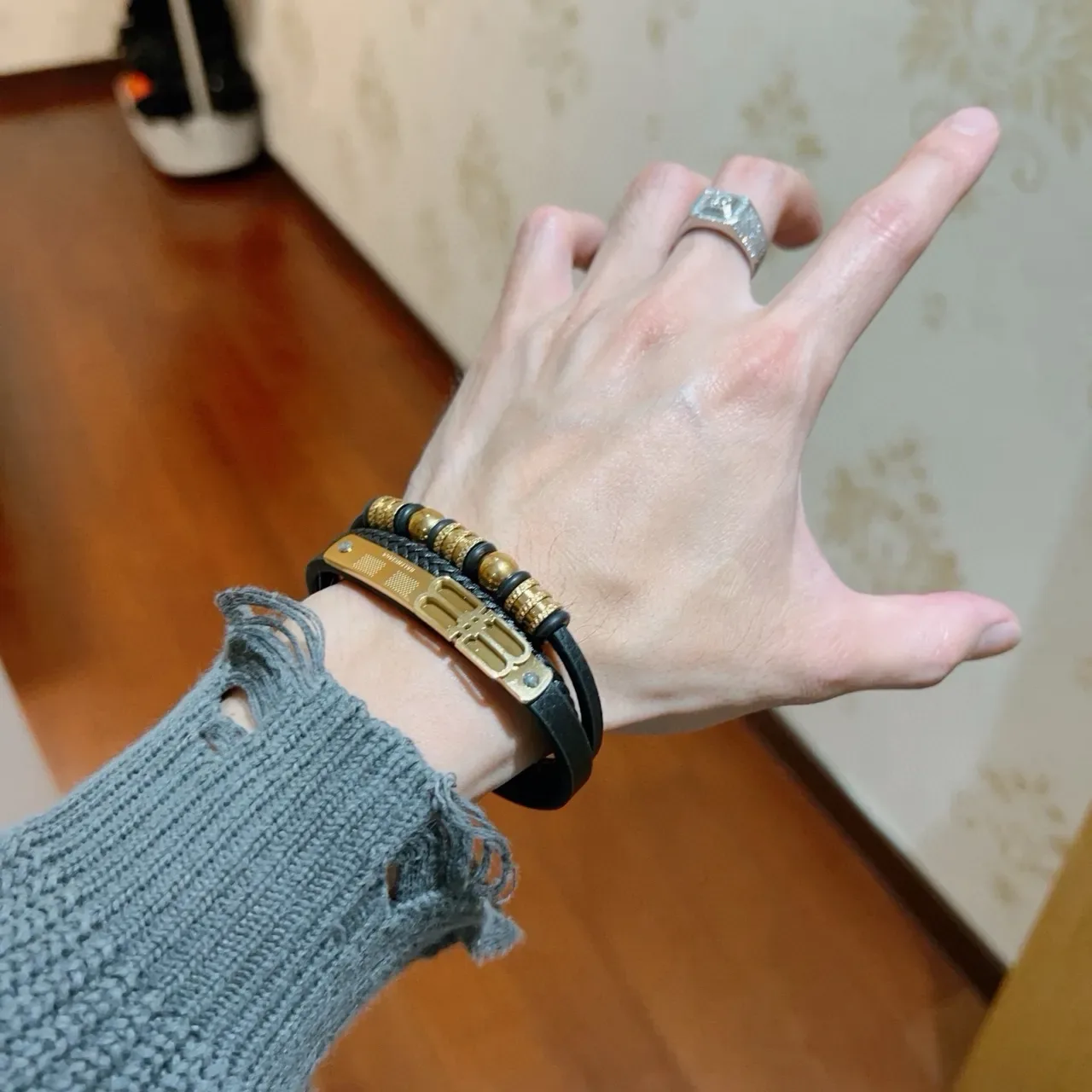 Balenciaga Logo Bracelet Black and Gold Leather Bracelets 8