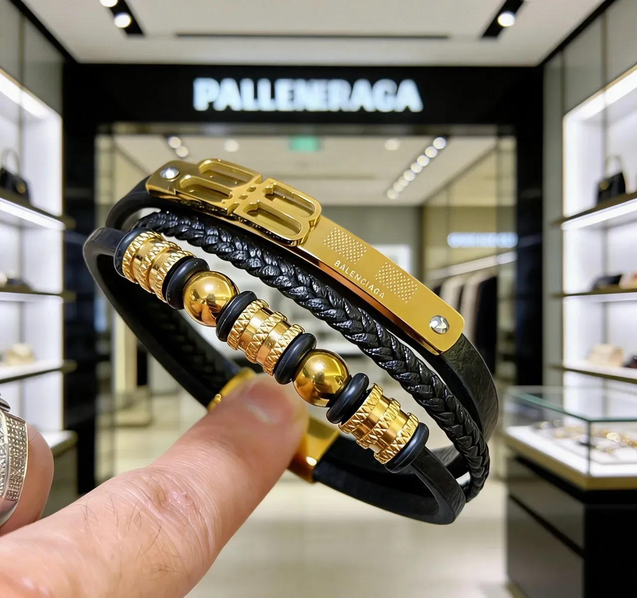 Balenciaga Logo Bracelet Black and Gold Leather Bracelets 9
