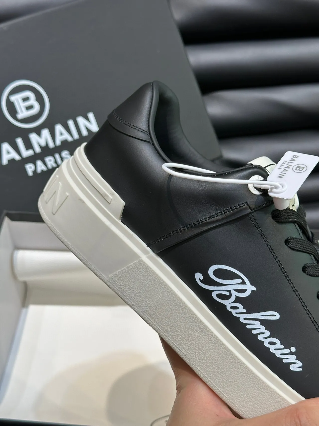 Balmain Black Beige Leather Upper Off-White Platform Sole Lifestyle Sneakers 7
