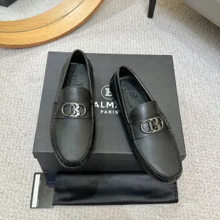 Balmain Black Silver Leather Metal Double-B Buckle Loafer