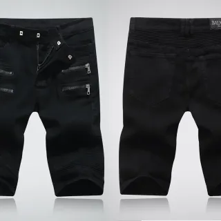 Balmain Moto-Panel Zip Pocket Black Denim Shorts