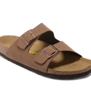 Birkenstock Arizona भूरा सुड-लाइक दो पट्टियों वाला आरामदायक सैंडल