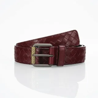 Bottega Veneta Burgundy Gold Intrecciato Woven Gunmetal Buckle Leather Belt