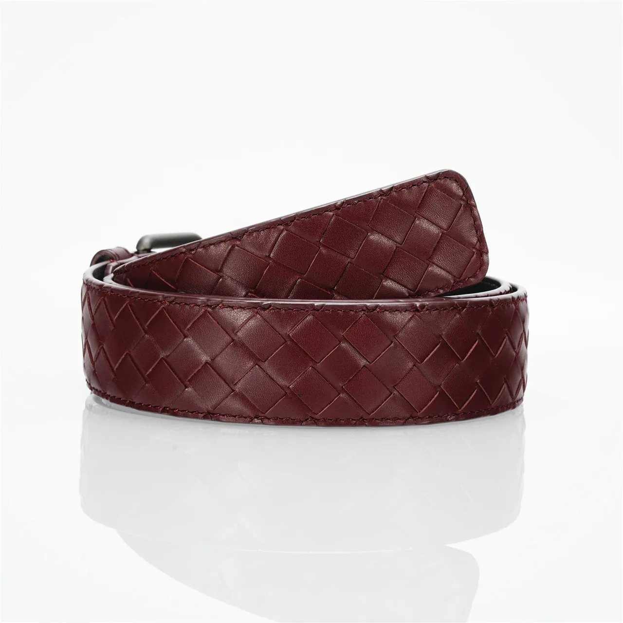 Bottega Veneta বার্গন্ডি সোনালি Intrecciato বোনা Gunmetal বাকেল চামড়ার বেল্ট 3