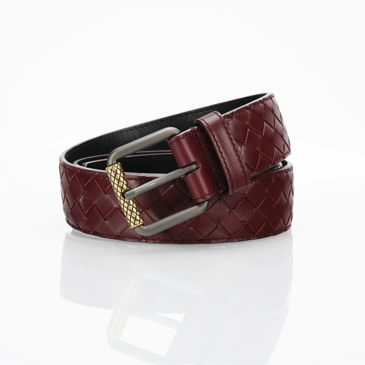 Bottega Veneta বার্গন্ডি সোনালি Intrecciato বোনা Gunmetal বাকেল চামড়ার বেল্ট 4