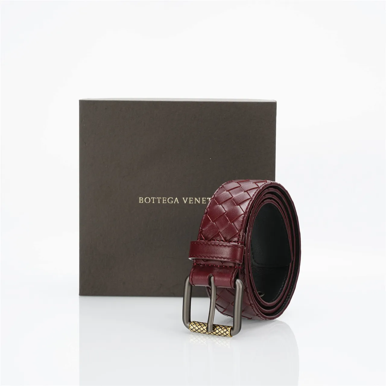 Bottega Veneta বার্গন্ডি সোনালি Intrecciato বোনা Gunmetal বাকেল চামড়ার বেল্ট 6