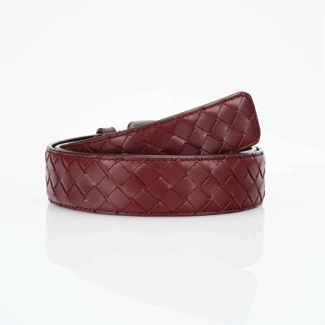 Bottega Veneta Borgonha Cinza Intrecciato Trançado Retangular Mate Metal Fivela Cinto de Couro 3