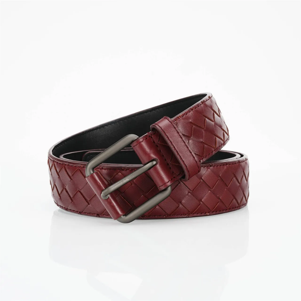Bottega Veneta Borgonha Cinza Intrecciato Trançado Retangular Mate Metal Fivela Cinto de Couro 4
