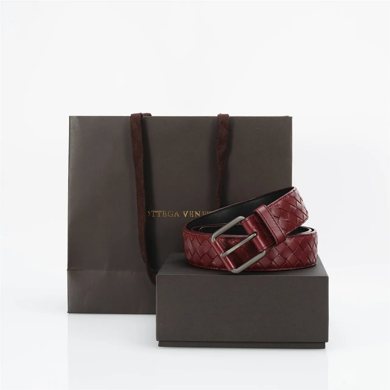Bottega Veneta Borgonha Cinza Intrecciato Trançado Retangular Mate Metal Fivela Cinto de Couro 5