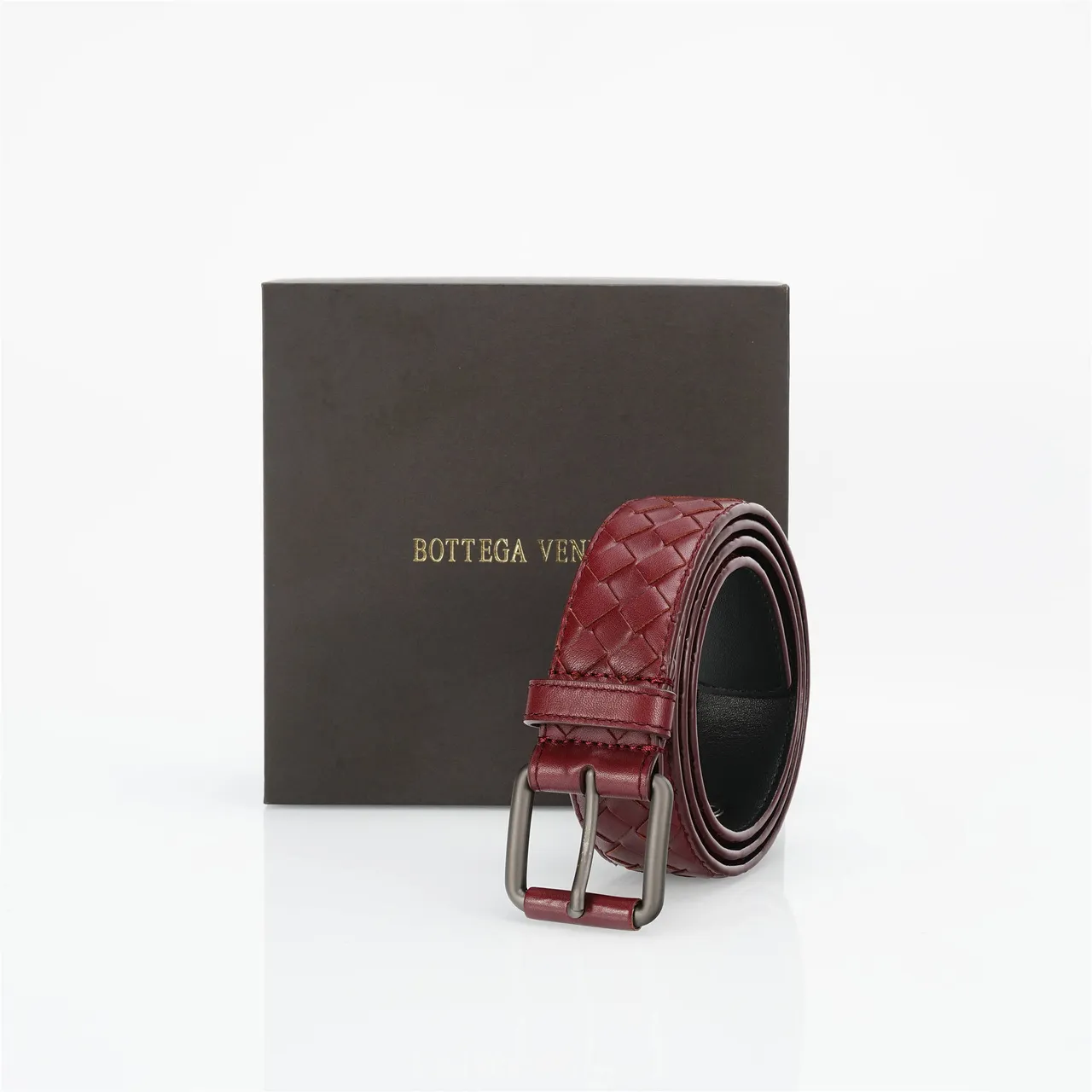 Bottega Veneta Borgonha Cinza Intrecciato Trançado Retangular Mate Metal Fivela Cinto de Couro 6