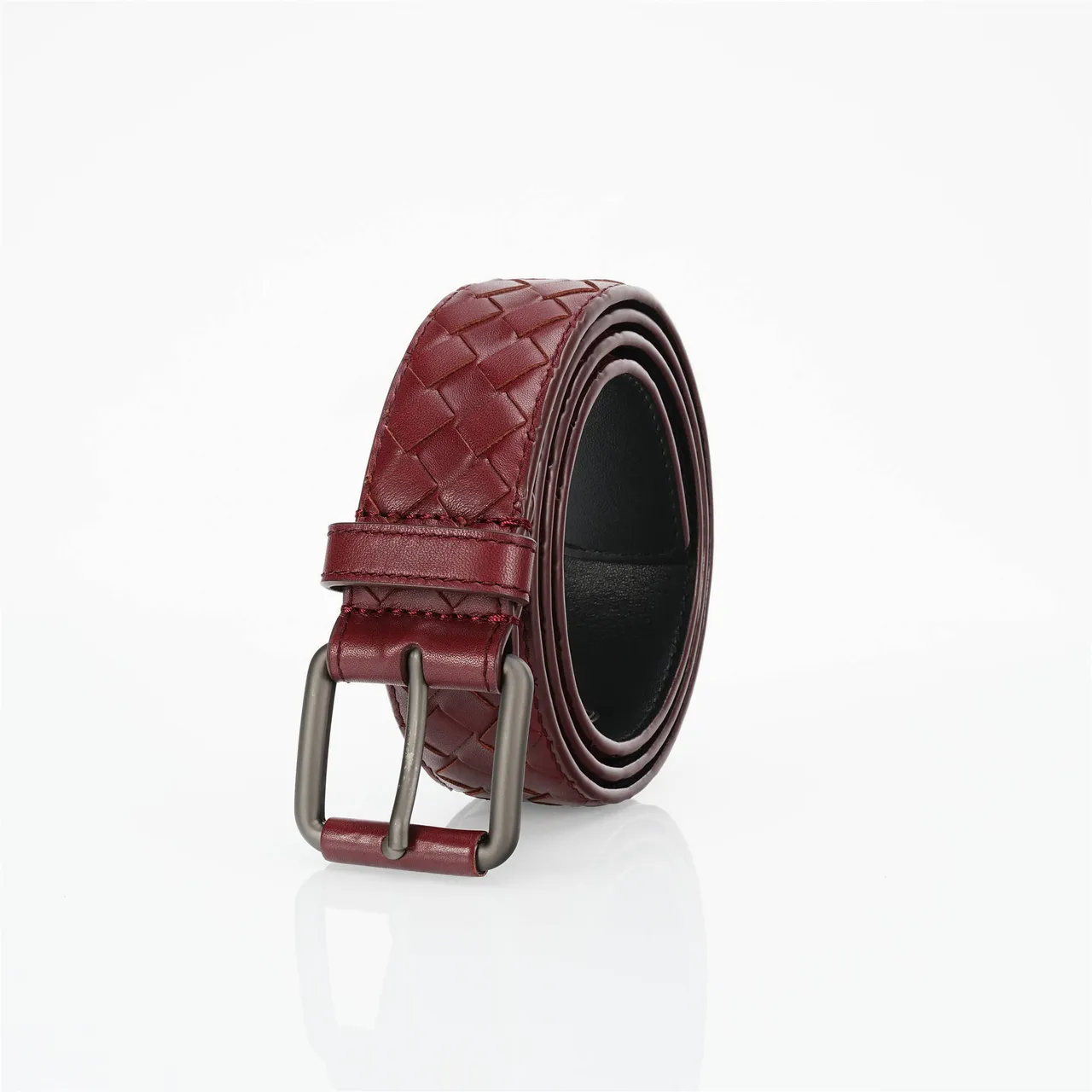 Bottega Veneta Borgonha Cinza Intrecciato Trançado Retangular Mate Metal Fivela Cinto de Couro 7