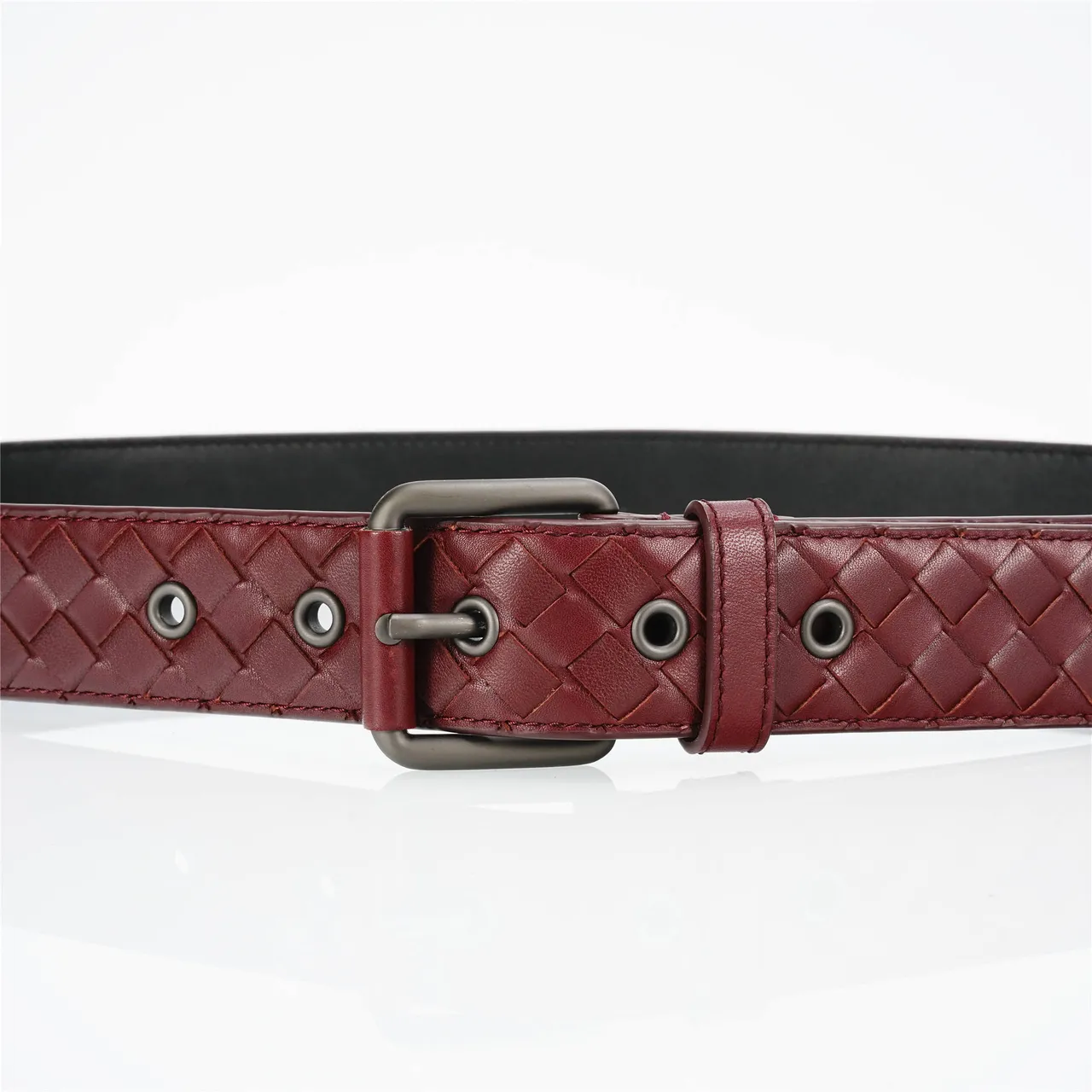 Bottega Veneta Borgonha Cinza Intrecciato Trançado Retangular Mate Metal Fivela Cinto de Couro 8