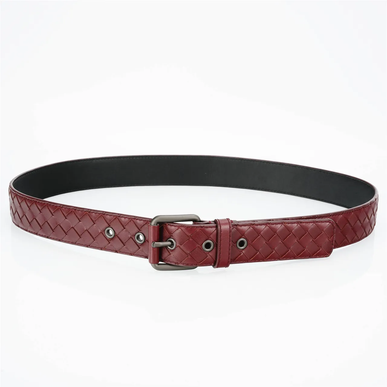 Bottega Veneta Borgonha Cinza Intrecciato Trançado Retangular Mate Metal Fivela Cinto de Couro 9