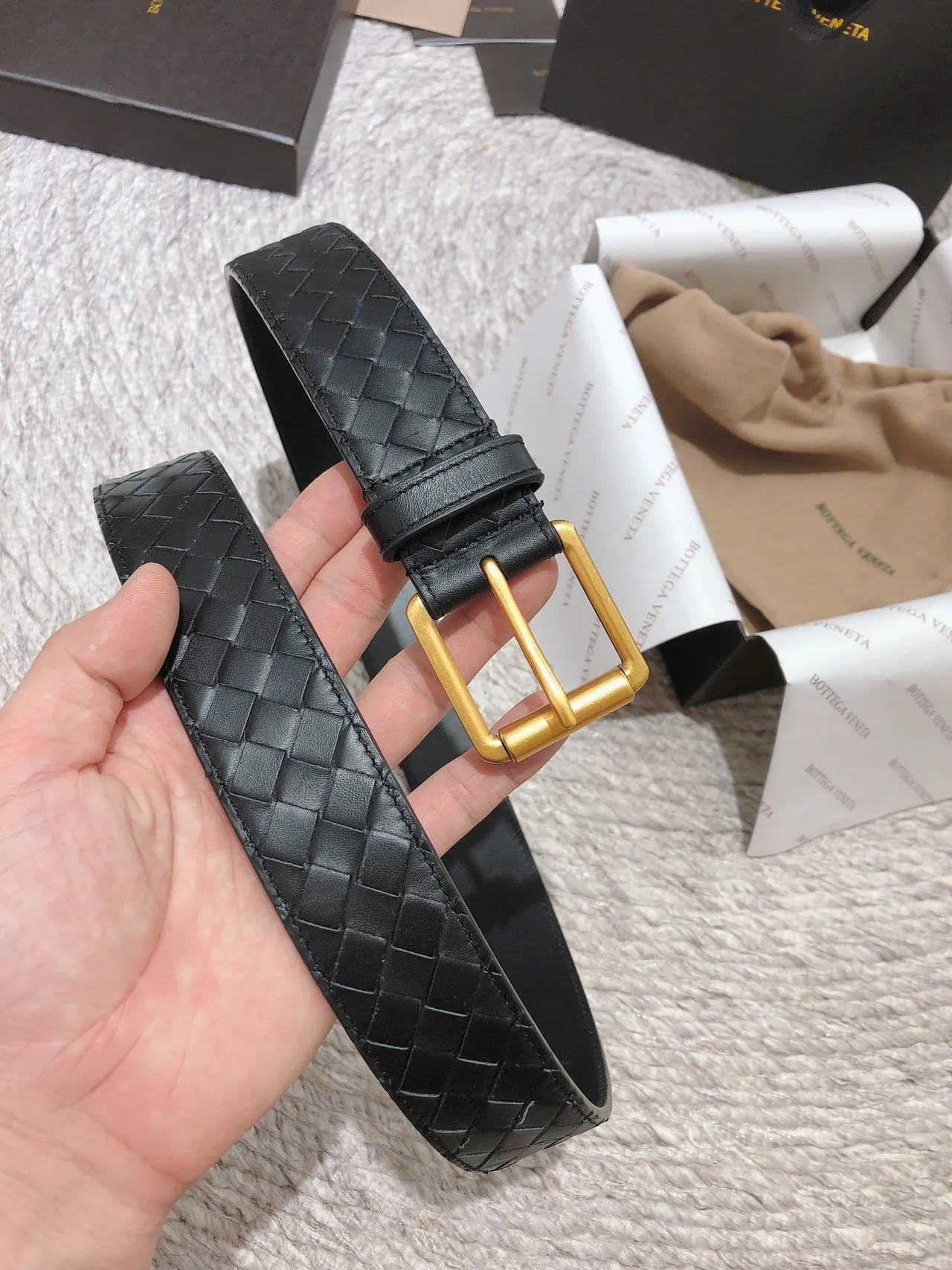 Bottega Veneta Intrecciato Belt Black Gold Woven Rectangular Buckle Leather Belt 2