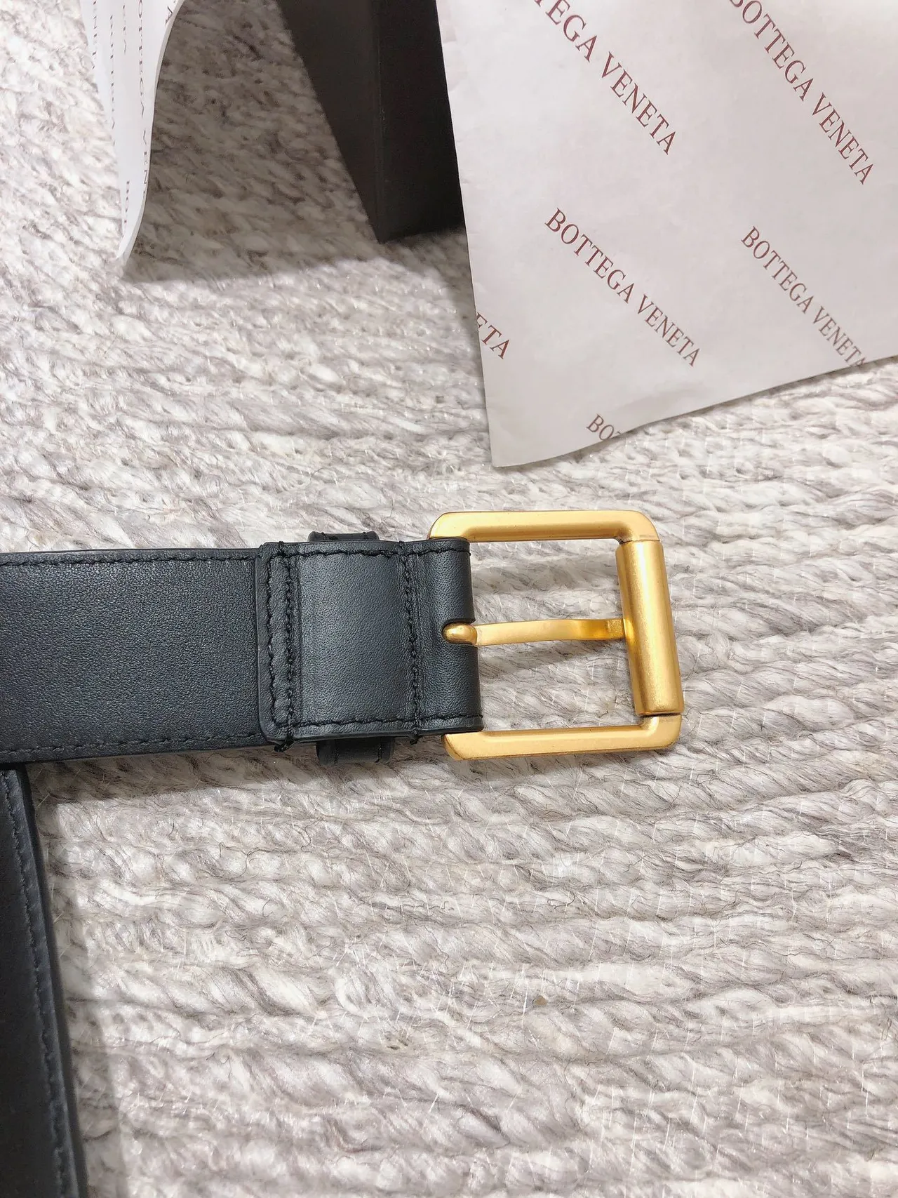 Bottega Veneta Intrecciato Belt Black Gold Woven Rectangular Buckle Leather Belt 3