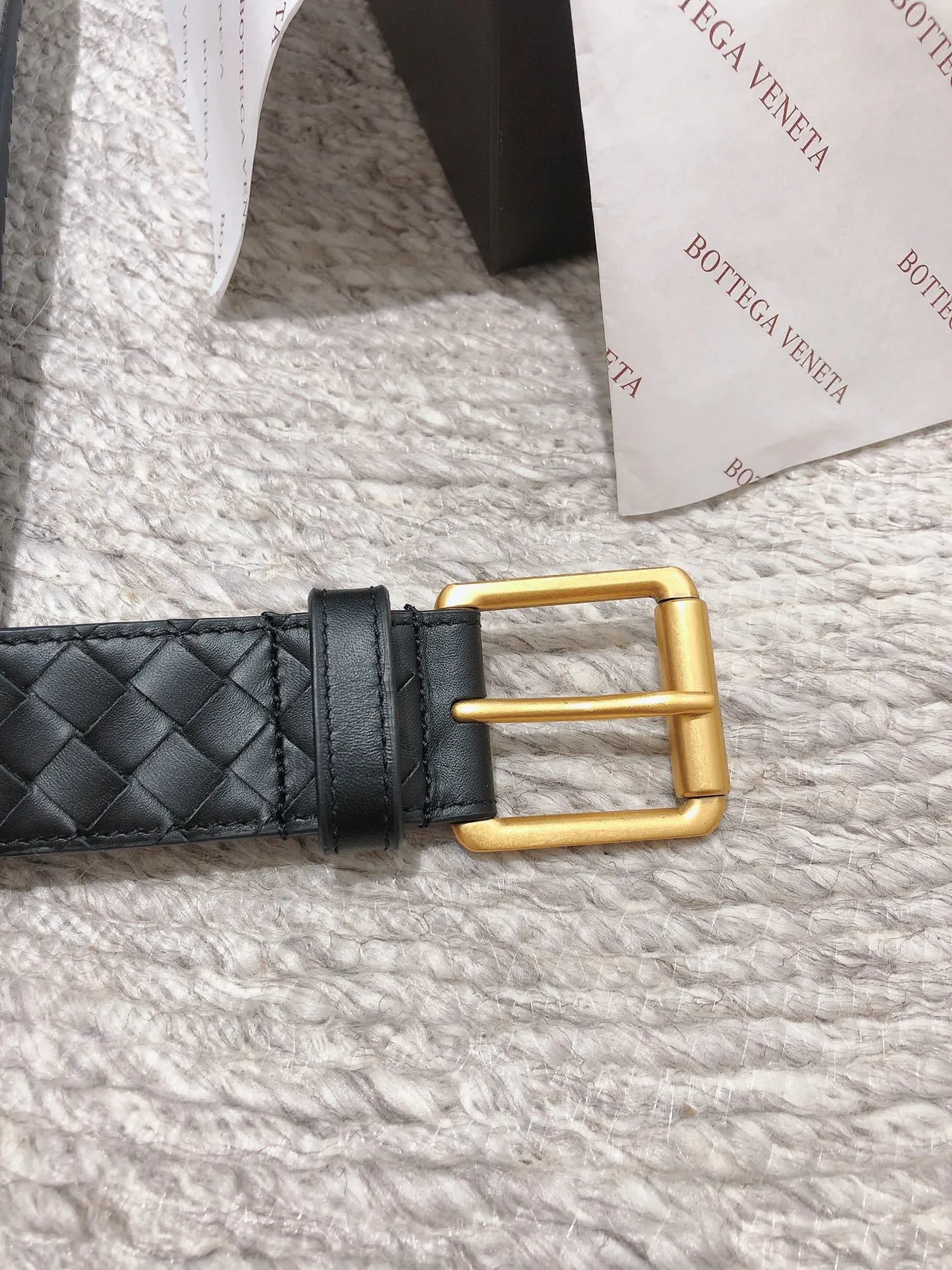 Bottega Veneta Intrecciato Belt Black Gold Woven Rectangular Buckle Leather Belt 4
