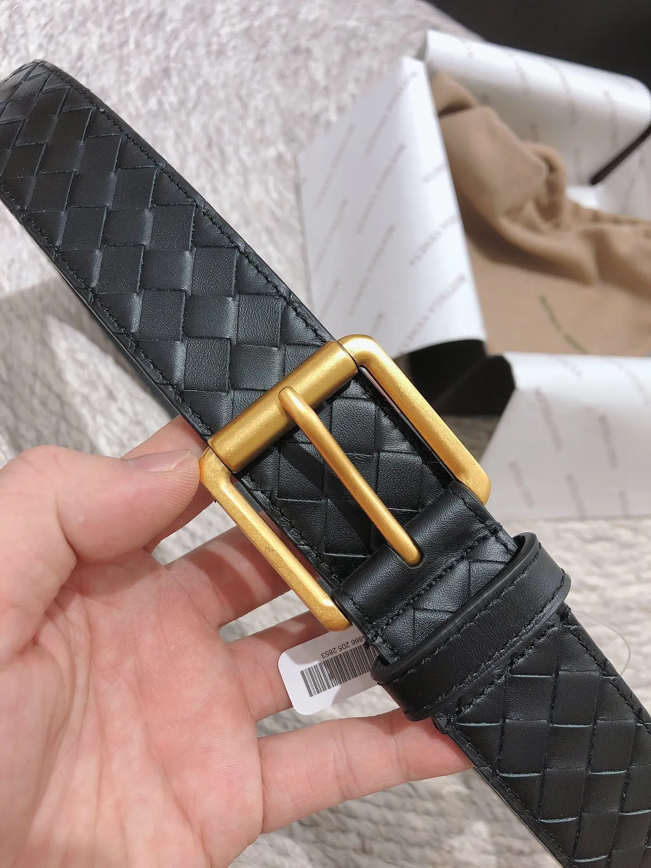 Bottega Veneta Intrecciato Belt Black Gold Woven Rectangular Buckle Leather Belt 7