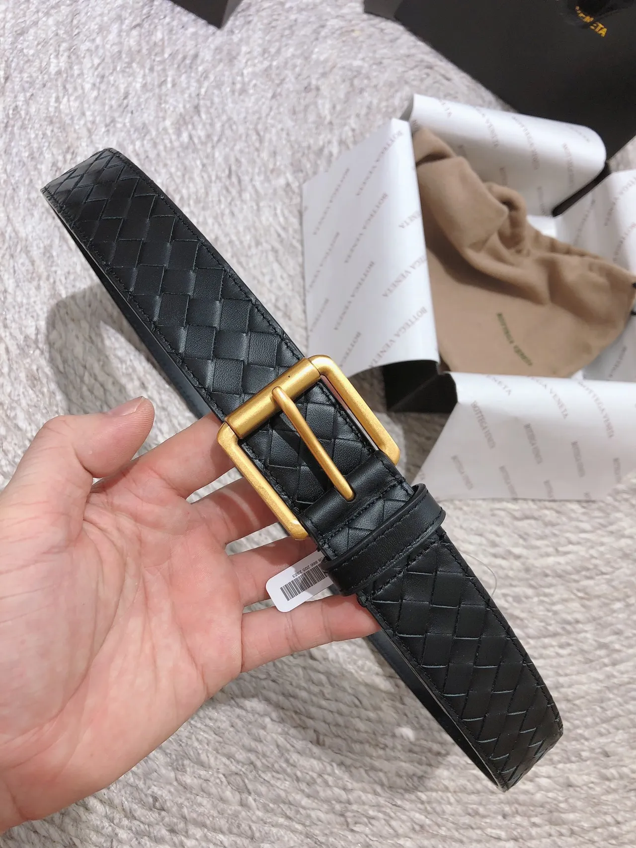 Bottega Veneta Intrecciato Belt Black Gold Woven Rectangular Buckle Leather Belt 8