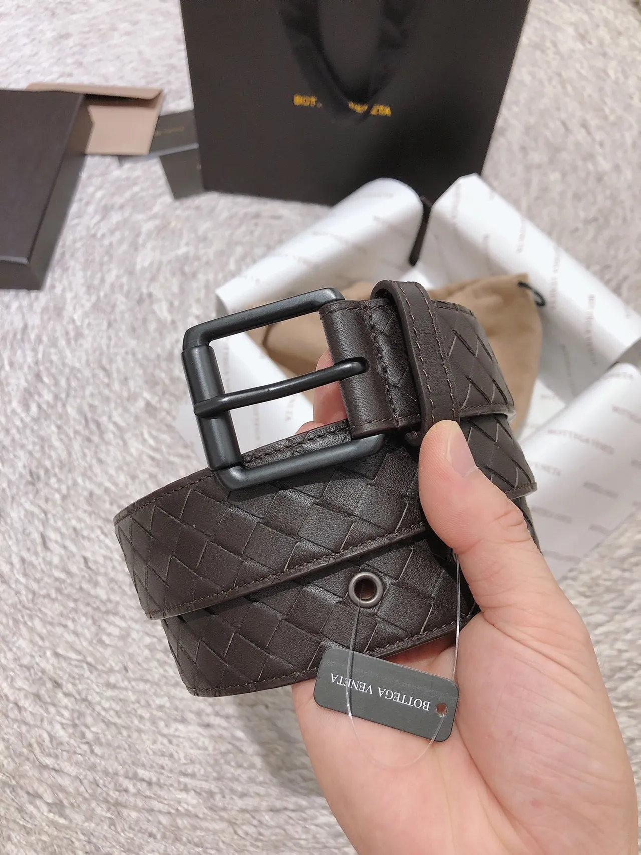 Bottega Veneta Intrecciato Belt भूरा काला बुनकर चमकहीन बकल चमड़े की बेल्ट 6